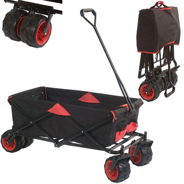 Bolderwagen / Bolderkar met extra Brede Massieve Wielen Opvouwbaar - Zwart / Rood